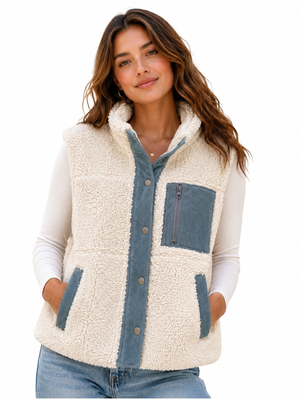 Women's Cream Sherpa Vest with Blue Trim - Picture 1 of 5